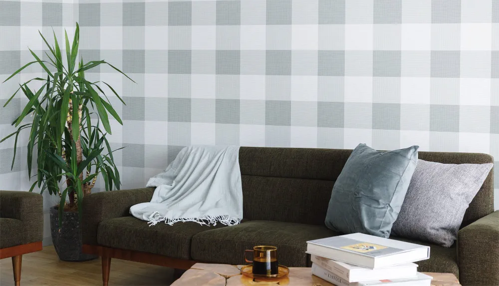 LIMELIGHT（ライムライト）のCH-GI-05はチェック柄のギンガムLのブルー色。 オフィスの執務スペース・会議室や店舗デザインに対して温かみのあるモダンな空間演出に最適な個性化を実現する壁紙クロス。