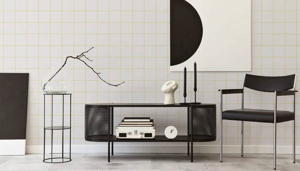 LIMELIGHT（ライムライト）のCH-GR-03はチェック柄のグラフチェックのイエローオンホワイト色。 オフィスの執務スペース・会議室や店舗デザインに対してタイル調で温かみのあるモダンな空間演出に最適な個性化を実現する壁紙クロス。