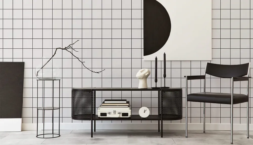 LIMELIGHT（ライムライト）のCH-GR-05はチェック柄のグラフチェックのブラックオンホワイト色。 オフィスの執務スペース・会議室や店舗デザインに対してタイル調で温かみのあるモダンな空間演出に最適な個性化を実現する壁紙クロス。