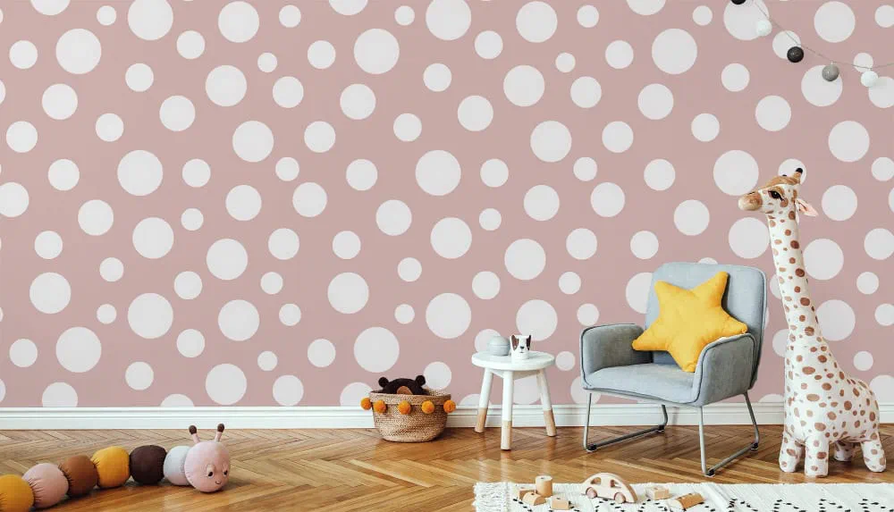 LIMELIGHT（ライムライト）のDO-BU-01は水玉（ドット）柄のバブルドットのピンク色。オフィスの執務スペース・会議室や店舗デザインに対して温かみのあるモダンな空間演出に最適な個性化を実現する壁紙クロス。