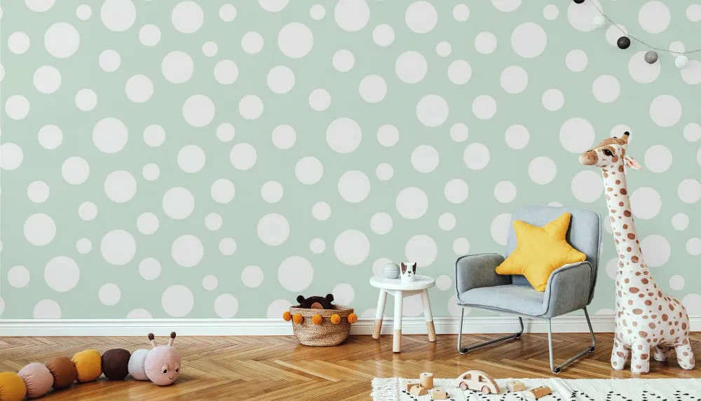 LIMELIGHT（ライムライト）のDO-BU-03は水玉（ドット）柄のバブルドットのグリーン色。オフィスの執務スペース・会議室や店舗デザインに対して温かみのあるモダンな空間演出に最適な個性化を実現する壁紙クロス。