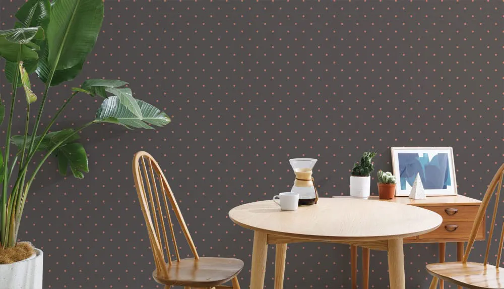 LIMELIGHT（ライムライト）のDO-PI-02は水玉（ドット）柄のピンドットのブラック×レッド色。オフィスの執務スペース・会議室や店舗デザインに対して温かみのあるモダンな空間演出に最適な個性化を実現する壁紙クロス。