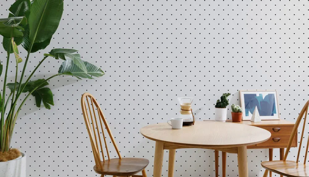 LIMELIGHT（ライムライト）のDO-PI-05は水玉（ドット）柄のピンドットのホワイト×ブラック色。オフィスの執務スペース・会議室や店舗デザインに対して温かみのあるモダンな空間演出に最適な個性化を実現する壁紙クロス。