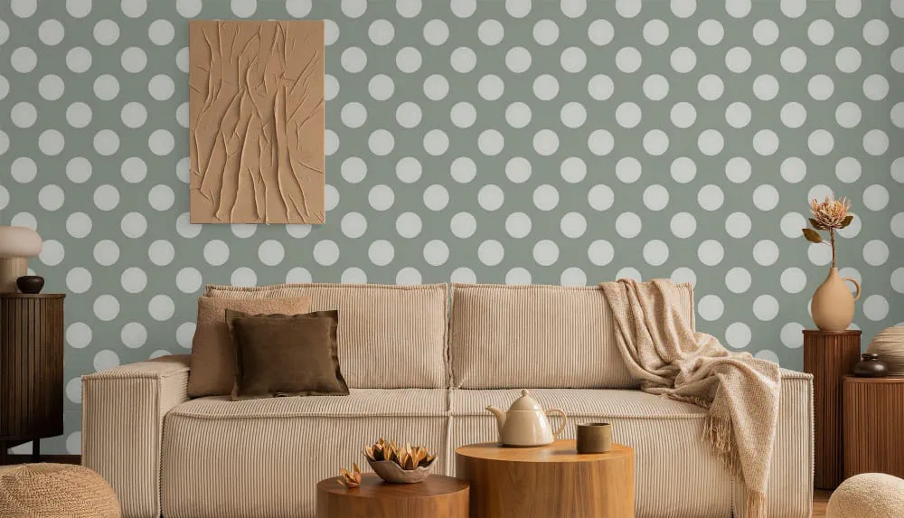 LIMELIGHT（ライムライト）のDO-PO-01は水玉（ドット）柄のポルカドットのグリーン色。オフィスの執務スペース・会議室や店舗デザインに対して温かみのあるモダンな空間演出に最適な個性化を実現する壁紙クロス。