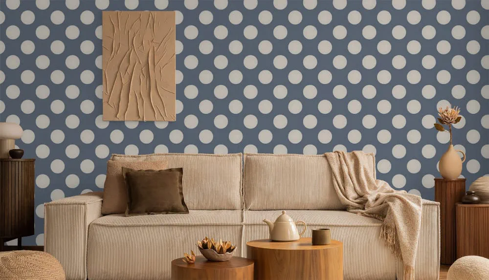 LIMELIGHT（ライムライト）のDO-PO-02は水玉（ドット）柄のポルカドットのブルー色。オフィスの執務スペース・会議室や店舗デザインに対して温かみのあるモダンな空間演出に最適な個性化を実現する壁紙クロス。