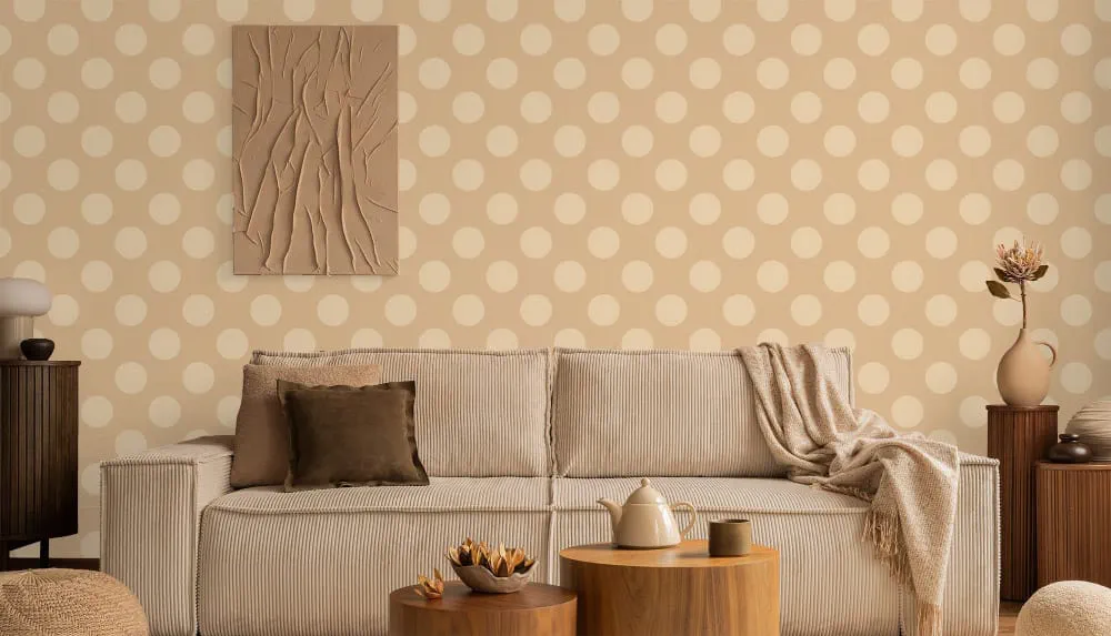 LIMELIGHT（ライムライト）のDO-PO-05は水玉（ドット）柄のポルカドットのオレンジ色。オフィスの執務スペース・会議室や店舗デザインに対して温かみのあるモダンな空間演出に最適な個性化を実現する壁紙クロス。