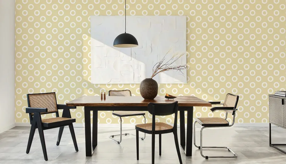 LIMELIGHT（ライムライト）のDO-RI-01は水玉（ドット）柄のリングドットのイエロー色。オフィスの執務スペース・会議室や店舗デザインに対して温かみのあるモダンな空間演出に最適な個性化を実現する壁紙クロス。