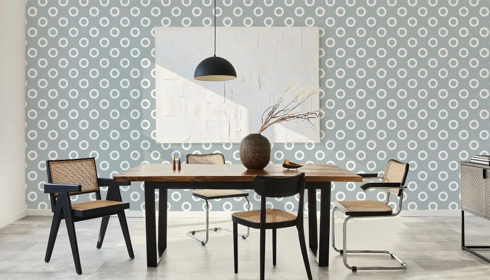 LIMELIGHT（ライムライト）のDO-RI-02は水玉（ドット）柄のリングドットのブルー色。オフィスの執務スペース・会議室や店舗デザインに対して温かみのあるモダンな空間演出に最適な個性化を実現する壁紙クロス。