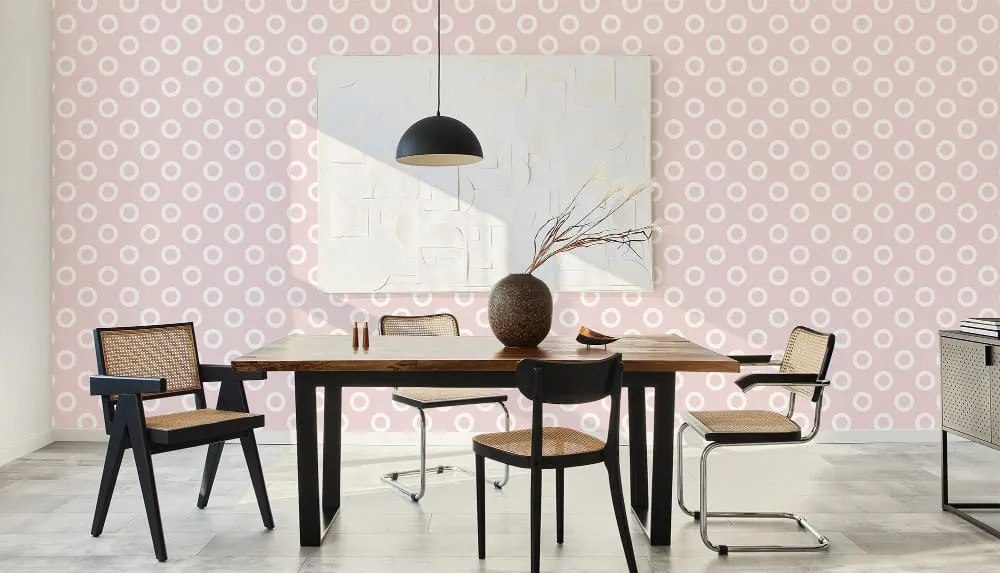 LIMELIGHT（ライムライト）のDO-RI-03は水玉（ドット）柄のリングドットのピンク色。オフィスの執務スペース・会議室や店舗デザインに対して温かみのあるモダンな空間演出に最適な個性化を実現する壁紙クロス。