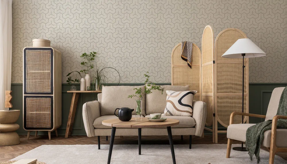 LIMELIGHT（ライムライト）のJA-BI-01は和柄のビシャモン（毘沙門）のシロネリ（白練）色。 和柄でありながらもポップさと北欧スタイルの空間にも馴染む色合いは、オフィスの執務スペース・商業施設・店舗デザインの空間を個性化させるのに最適な壁紙クロス。