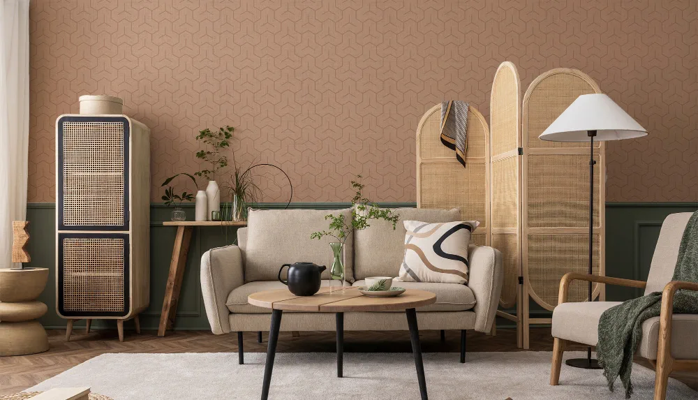 LIMELIGHT（ライムライト）のJA-BI-03は和柄のビシャモン（毘沙門）のアカコウ（赤香色）色。 和柄でありながらもポップさと北欧スタイルの空間にも馴染む色合いは、オフィスの執務スペース・商業施設・店舗デザインの空間を個性化させるのに最適な壁紙クロス。