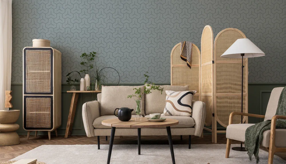 LIMELIGHT（ライムライト）のJA-BI-05は和柄のビシャモン（毘沙門）のアイネズ（藍鼠）色。 和柄でありながらもポップさと北欧スタイルの空間にも馴染む色合いは、オフィスの執務スペース・商業施設・店舗デザインの空間を個性化させるのに最適な壁紙クロス。