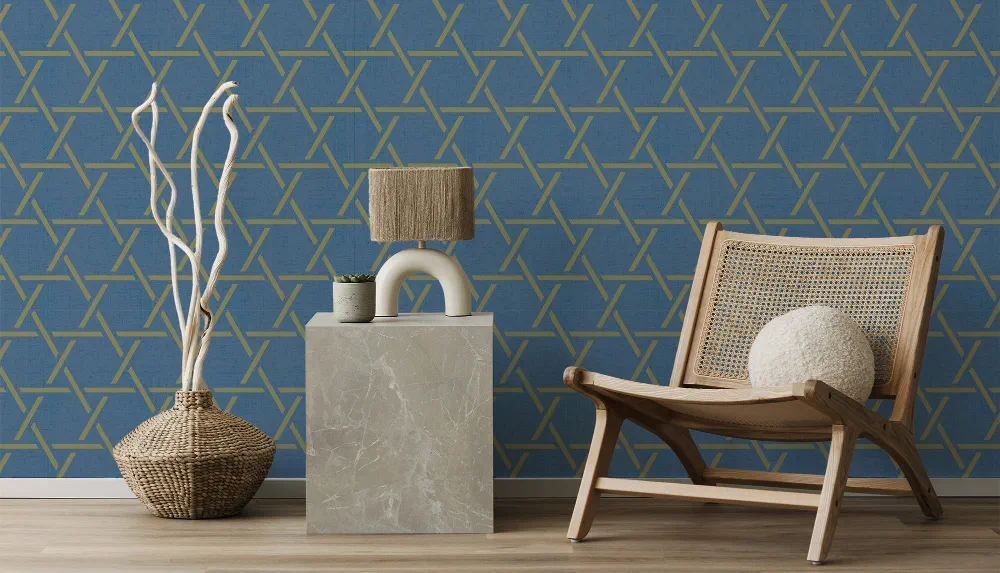 LIMELIGHT（ライムライト）のJA-KA-04は和柄のカゴメ（籠目）のコンペキ（紺碧）色。 和柄でありながらもポップさと北欧スタイルの空間にも馴染む色合いは、オフィスの執務スペース・商業施設・店舗デザインの空間を個性化させるのに最適な壁紙クロス。
