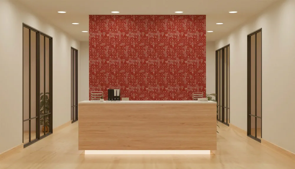 LIMELIGHT（ライムライト）のLT-DO-TA-01はたまごをモチーフにした北欧テイストなドット柄で色はレッド。 オフィスの執務スペースや店舗・サロンの受付デザインに対して個性を生み出すのに最適な壁紙クロス。