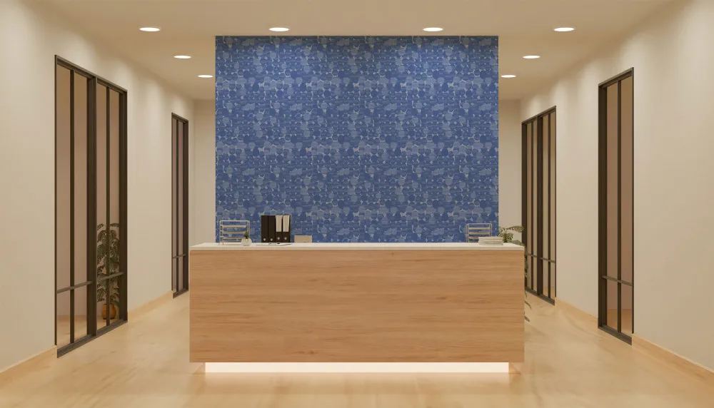 LIMELIGHT（ライムライト）のLT-DO-TA-02はたまごをモチーフにした北欧テイストなドット柄で色はブルー。 オフィスの執務スペースや店舗・サロンの受付デザインに対して個性を生み出すのに最適な壁紙クロス。