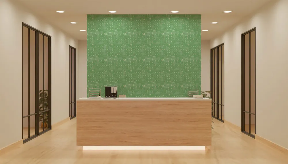 LIMELIGHT（ライムライト）のLT-DO-TA-03はたまごをモチーフにした北欧テイストなドット柄で色はグリーン。 オフィスの執務スペースや店舗・サロンの受付デザインに対して個性を生み出すのに最適な壁紙クロス。