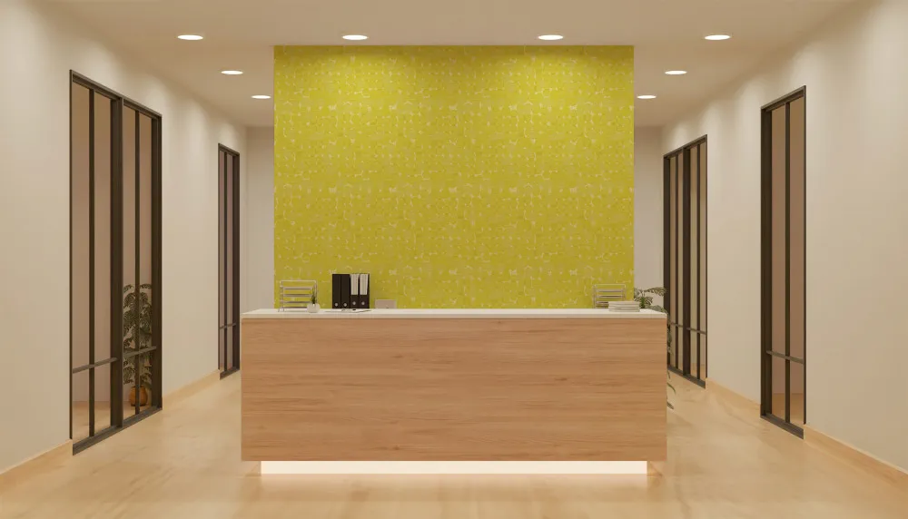 LIMELIGHT（ライムライト）のLT-DO-TA-04はたまごをモチーフにした北欧テイストなドット柄で色はイエロー。 オフィスの執務スペースや店舗・サロンの受付デザインに対して個性を生み出すのに最適な壁紙クロス。