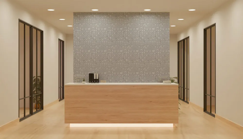 LIMELIGHT（ライムライト）のLT-DO-TA-05はたまごをモチーフにした北欧テイストなドット柄で色はグレー。 オフィスの執務スペースや店舗・サロンの受付デザインに対して個性を生み出すのに最適な壁紙クロス。