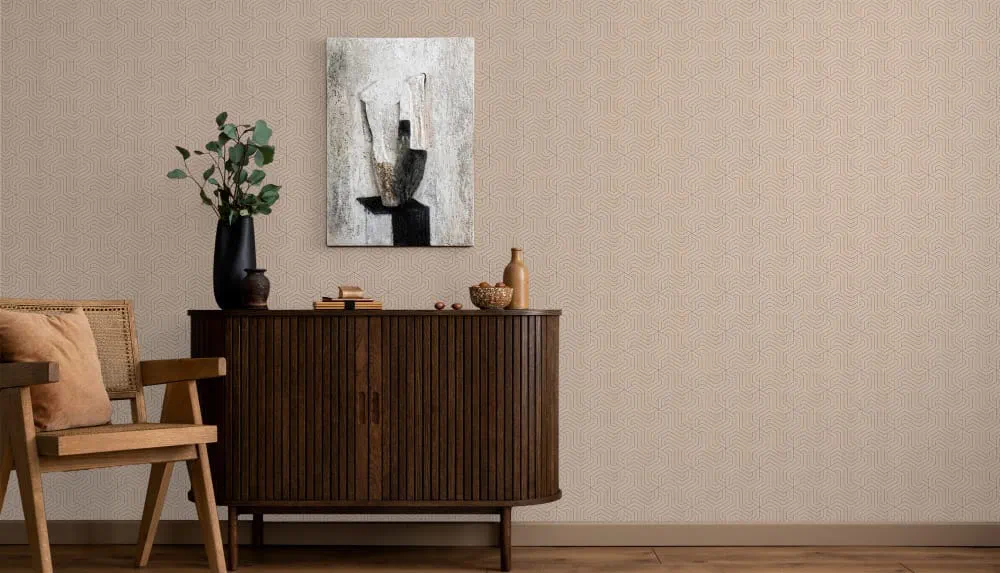 LIMELIGHT（ライムライト)のLT-GC001は幾何学（ジオメトリック）柄のスピナーのベージュ色。 オフィスの執務スペース・会議室や店舗デザインに対してモダンな空間演出に最適な壁紙クロス。