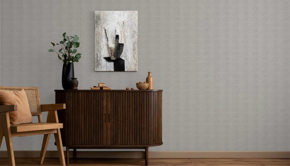 LIMELIGHT（ライムライト）のLT-GC004は幾何学（ジオメトリック）柄のスピナーのグレー色。 オフィスの執務スペース・会議室や店舗デザインに対してモダンな空間演出に最適な壁紙クロス。