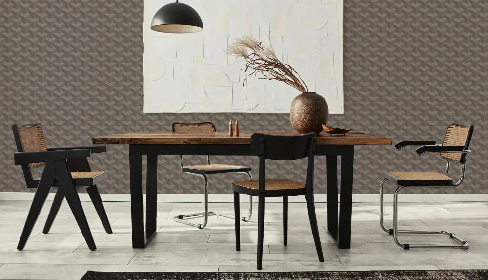 LIMELIGHT（ライムライト）のLT-GC009は幾何学（ジオメトリック）柄のトライアングルブロックのダークブラウン色。 オフィスの執務スペース・会議室や店舗デザインに対してモダンな空間演出に最適な壁紙クロス。