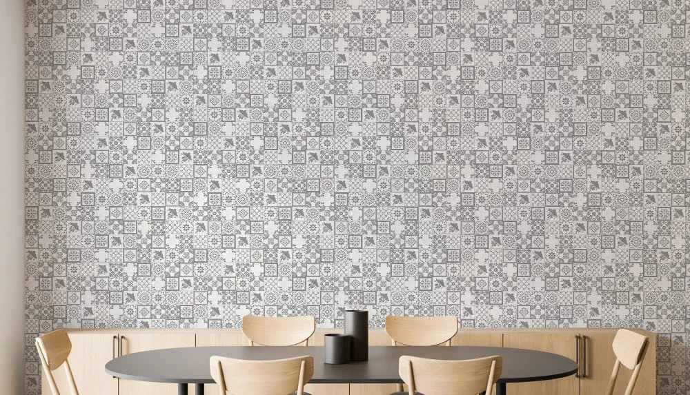 LIMELIGHT（ライムライト）のLT-NN003は民族（エスニック）模様のメキシカンのグレー色。 オフィスの執務スペースや店舗デザイン・住空間に対して個性化とモダンな空間演出に最適な壁紙クロス。