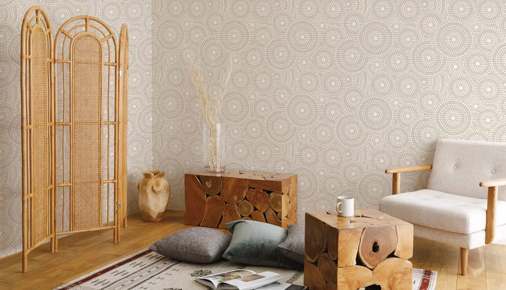 LIMELIGHT（ライムライト）のLT-NN016は民族（エスニック）模様のアボリジニのベージュ色。 オフィスの執務スペースや店舗デザイン・住空間に対して個性化とモダンな空間演出に最適な壁紙クロス。