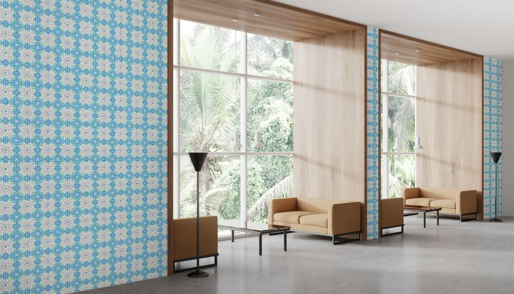 LIMELIGHT（ライムライト）のMO-AR-04はモザイク柄のアラビアンのティール色。 タイル調のデザインでオフィスの執務スペース・会議室や店舗デザインのアクセントとしてな最適な個性化を実現する壁紙クロス。