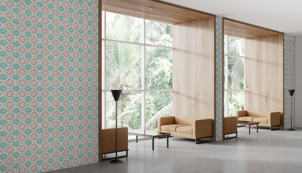 LIMELIGHT（ライムライト）のMO-AR-05はモザイク柄のアラビアンのカデットブルー色。 タイル調のデザインでオフィスの執務スペース・会議室や店舗デザインのアクセントとしてな最適な個性化を実現する壁紙クロス。