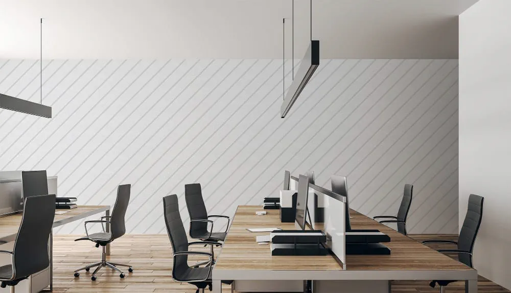 LIMELIGHT（ライムライト）のST-RE-05はストライプ柄のレジメンタルストライプのホワイト色。 オフィスの執務スペース・会議室や店舗デザインに対して印象的でモダンな空間演出に最適な個性化を実現する壁紙クロス。